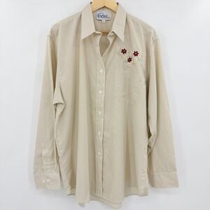 Las Olas Tan Striped Floral Embroidered Button Down Shirt XL Womens Long Sleeve